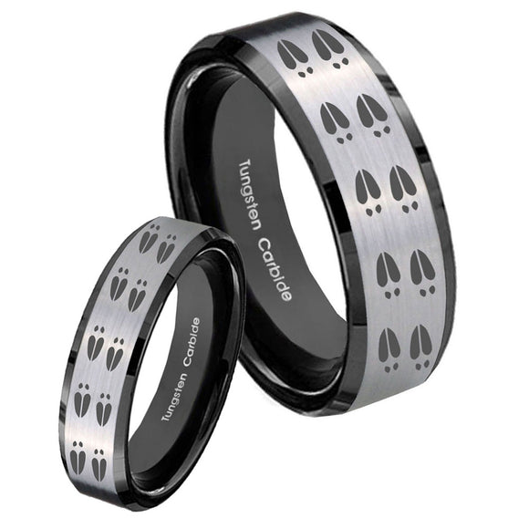 His Hers Deer Tracks Beveled Brush Black 2 Tone Tungsten Personalized Ring Set