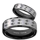 His Hers Deer Tracks Beveled Brush Black 2 Tone Tungsten Personalized Ring Set