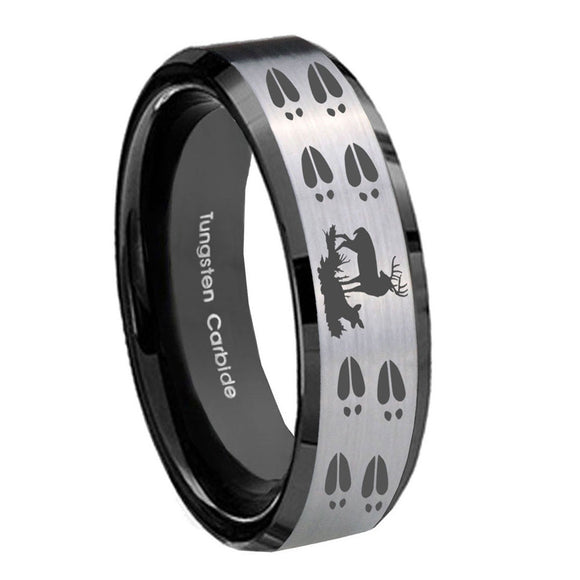 10mm Deer Hunting Tracks Beveled Brushed Silver Black Tungsten Promise Ring