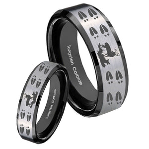 His Hers Deer Hunting Tracks Beveled Brush Black 2 Tone Tungsten Rings for Men Set