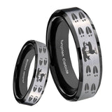 8mm Deer Hunting Tracks Beveled Brush Black 2 Tone Tungsten Mens Engagement Ring