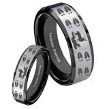 His Hers Deer Hunting Tracks Beveled Brush Black 2 Tone Tungsten Rings for Men Set