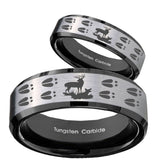 His Hers Deer Hunting Tracks Beveled Brush Black 2 Tone Tungsten Rings for Men Set