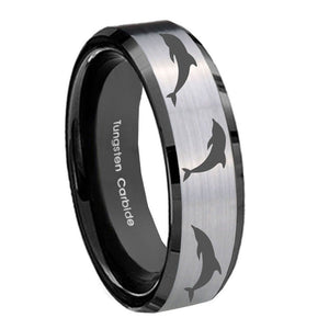 8mm Dolphins Beveled Edges Brush Black 2 Tone Tungsten Men's Engagement Ring