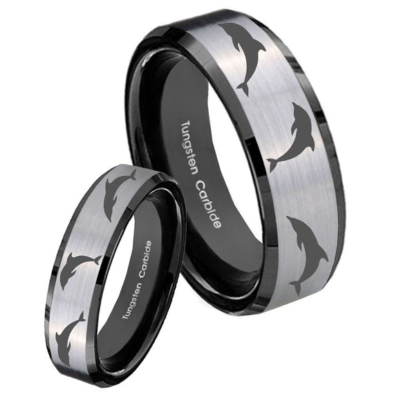 His Hers Dolphins Beveled Edges Brush Black 2 Tone Tungsten Wedding Band Mens Set