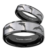 His Hers Dolphins Beveled Edges Brush Black 2 Tone Tungsten Wedding Band Mens Set