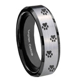 10mm Paw Print Beveled Edges Brushed Silver Black Tungsten Carbide Promise Ring