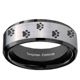 10mm Paw Print Beveled Edges Brushed Silver Black Tungsten Carbide Promise Ring