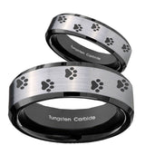 His Hers Paw Print Beveled Edges Brush Black 2 Tone Tungsten Rings Set