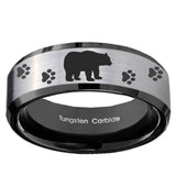 10mm Bear and Paw Beveled Edges Brushed Silver Black Tungsten Rings for Men