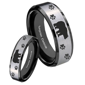 His Hers Bear and Paw Beveled Brush Black 2 Tone Tungsten Wedding Bands Ring Set