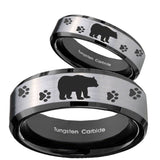 His Hers Bear and Paw Beveled Brush Black 2 Tone Tungsten Wedding Bands Ring Set