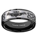 10mm Irish Claddagh Beveled Brushed Silver Black Tungsten Custom Mens Ring