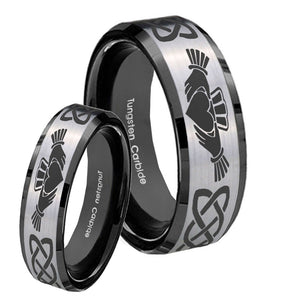 His Hers Irish Claddagh Beveled Edges Brush Black 2 Tone Tungsten Rings for Men Set