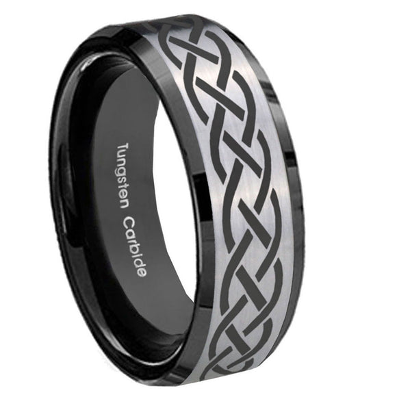 10mm Celtic Knot Beveled Brushed Silver Black Tungsten Custom Mens Ring