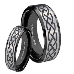 His Hers Celtic Knot Beveled Brush Black 2 Tone Tungsten Mens Ring Set