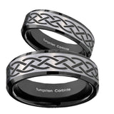 His Hers Celtic Knot Beveled Brush Black 2 Tone Tungsten Mens Ring Set