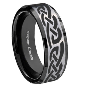 10mm Celtic Knot Infinity Love Beveled Brushed Silver Black Tungsten Custom Mens Ring