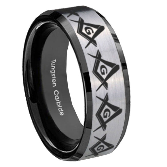 8mm Masonic Square and Compass Beveled Brush Black 2 Tone Tungsten Wedding Engraving Ring