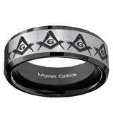 10mm Masonic Square and Compass Beveled Brushed Silver Black Tungsten Custom Mens Ring