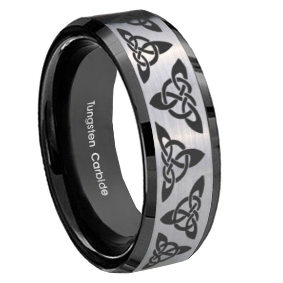 10mm Celtic Knot Beveled Brushed Silver Black Tungsten Custom Mens Ring