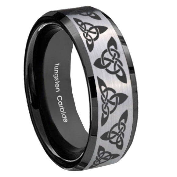 8mm Celtic Knot Beveled Brush Black 2 Tone Tungsten Wedding Engraving Ring
