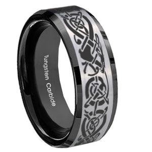 10mm Celtic Knot Dragon Beveled Brushed Silver Black Tungsten Mens Promise Ring