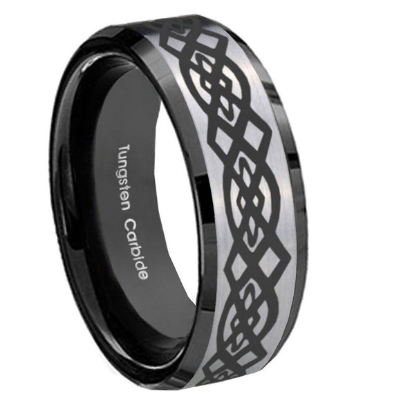 10mm Celtic Knot Beveled Edges Brushed Silver Black Tungsten Mens Wedding Ring