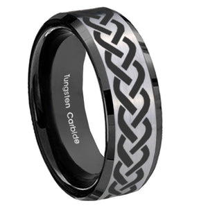 10mm Laser Celtic Knot Beveled Brushed Silver Black Tungsten Custom Mens Ring