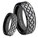 8mm Laser Celtic Knot Beveled Brush Black 2 Tone Tungsten Wedding Engraving Ring