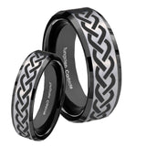 His Hers Laser Celtic Knot Beveled Brush Black 2 Tone Tungsten Mens Ring Set