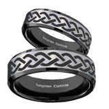 His Hers Laser Celtic Knot Beveled Brush Black 2 Tone Tungsten Mens Ring Set