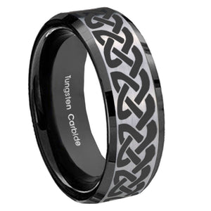 10mm Celtic Knot Love Beveled Brushed Silver Black Tungsten Custom Mens Ring