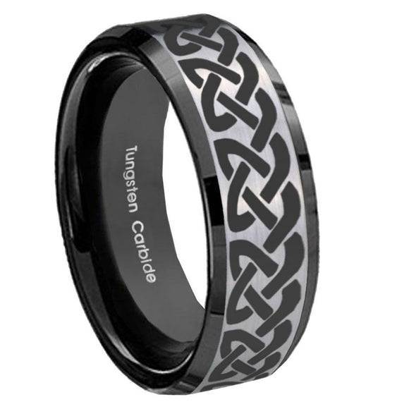8mm Celtic Knot Love Beveled Brush Black 2 Tone Tungsten Wedding Engraving Ring