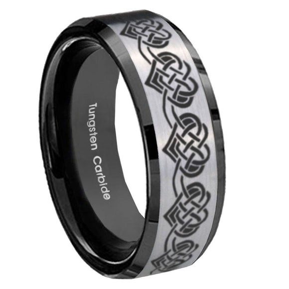8mm Celtic Knot Heart Beveled Brush Black 2 Tone Tungsten Wedding Engraving Ring