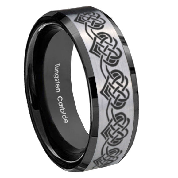 10mm Celtic Knot Heart Beveled Brushed Silver Black Tungsten Custom Mens Ring