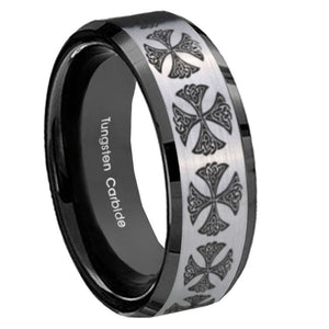 8mm Medieval Cross Beveled Brush Black 2 Tone Tungsten Wedding Engraving Ring