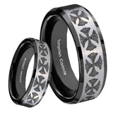 8mm Medieval Cross Beveled Brush Black 2 Tone Tungsten Wedding Engraving Ring