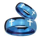 Bride and Groom Crosses Dome Blue Tungsten Carbide Custom Mens Ring Set