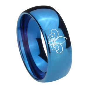 8mm Fleur De Lis Dome Blue Tungsten Carbide Men's Wedding Band