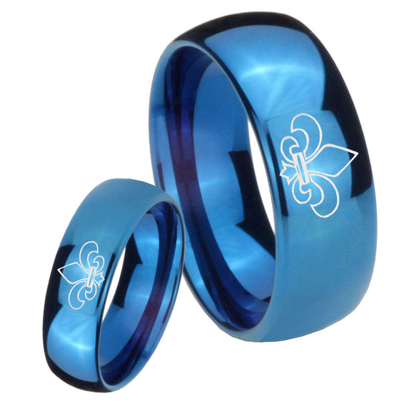Bride and Groom Fleur De Lis Dome Blue Tungsten Personalized Ring Set