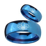 Bride and Groom Fleur De Lis Dome Blue Tungsten Personalized Ring Set