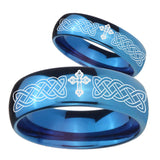 Bride and Groom Celtic Cross Dome Blue Tungsten Carbide Custom Ring for Men Set