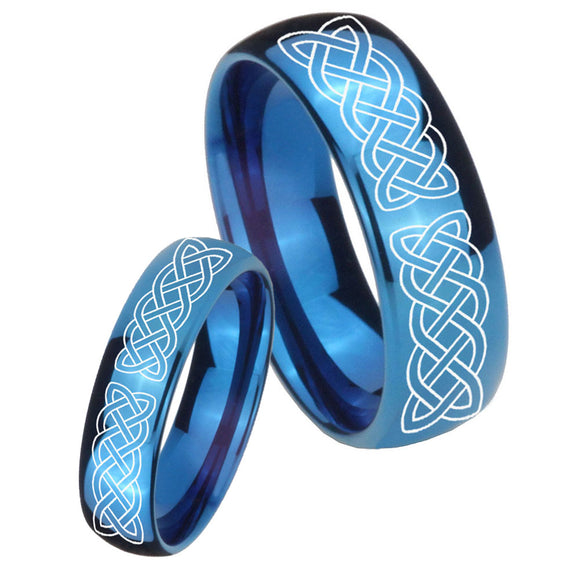 Bride and Groom Celtic Knot Dome Blue Tungsten Carbide Men's Wedding Ring Set