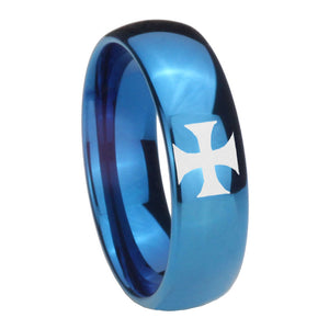 8mm Maltese Cross Dome Blue Tungsten Carbide Mens Ring Engraved