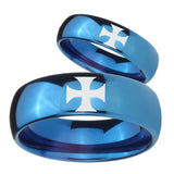 Bride and Groom Maltese Cross Dome Blue Tungsten Carbide Men's Wedding Band Set