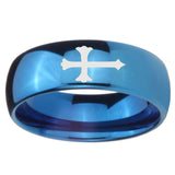 8mm Christian Cross Dome Blue Tungsten Carbide Mens Anniversary Ring
