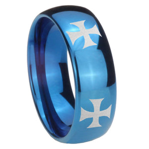 8mm 4 Maltese Cross Dome Blue Tungsten Carbide Men's Wedding Band