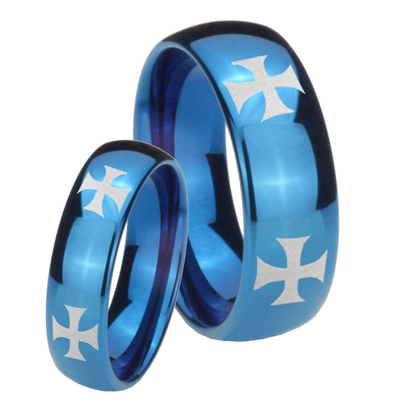 Bride and Groom 4 Maltese Cross Dome Blue Tungsten Personalized Ring Set