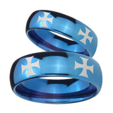 Bride and Groom 4 Maltese Cross Dome Blue Tungsten Personalized Ring Set